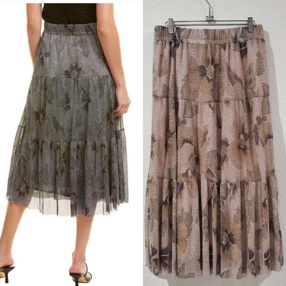 ba&sh Floral Midi Skirt in Black and Brown
